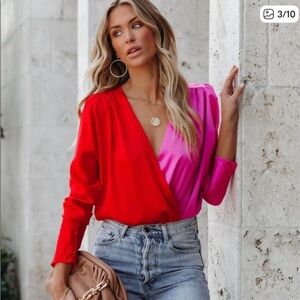 VICI V-Neck Colorblock Bodysuit - Red and Pink